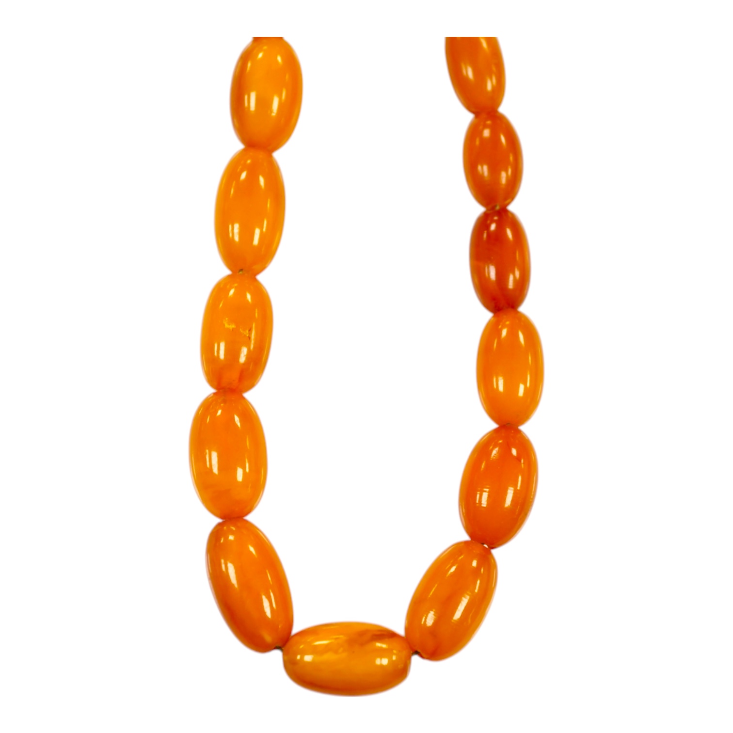 A single strand graduated amber bead necklace, 66cm, gross weight 40 grams. Condition - poor to fair